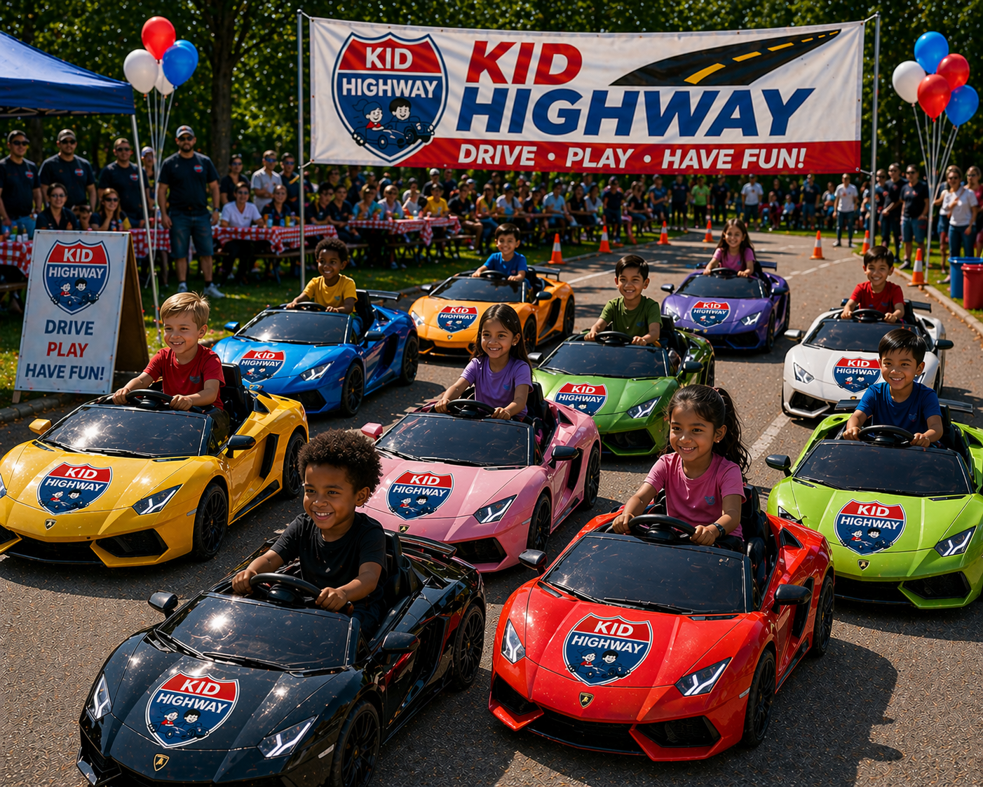 Kids in colorful ride-on sports cars