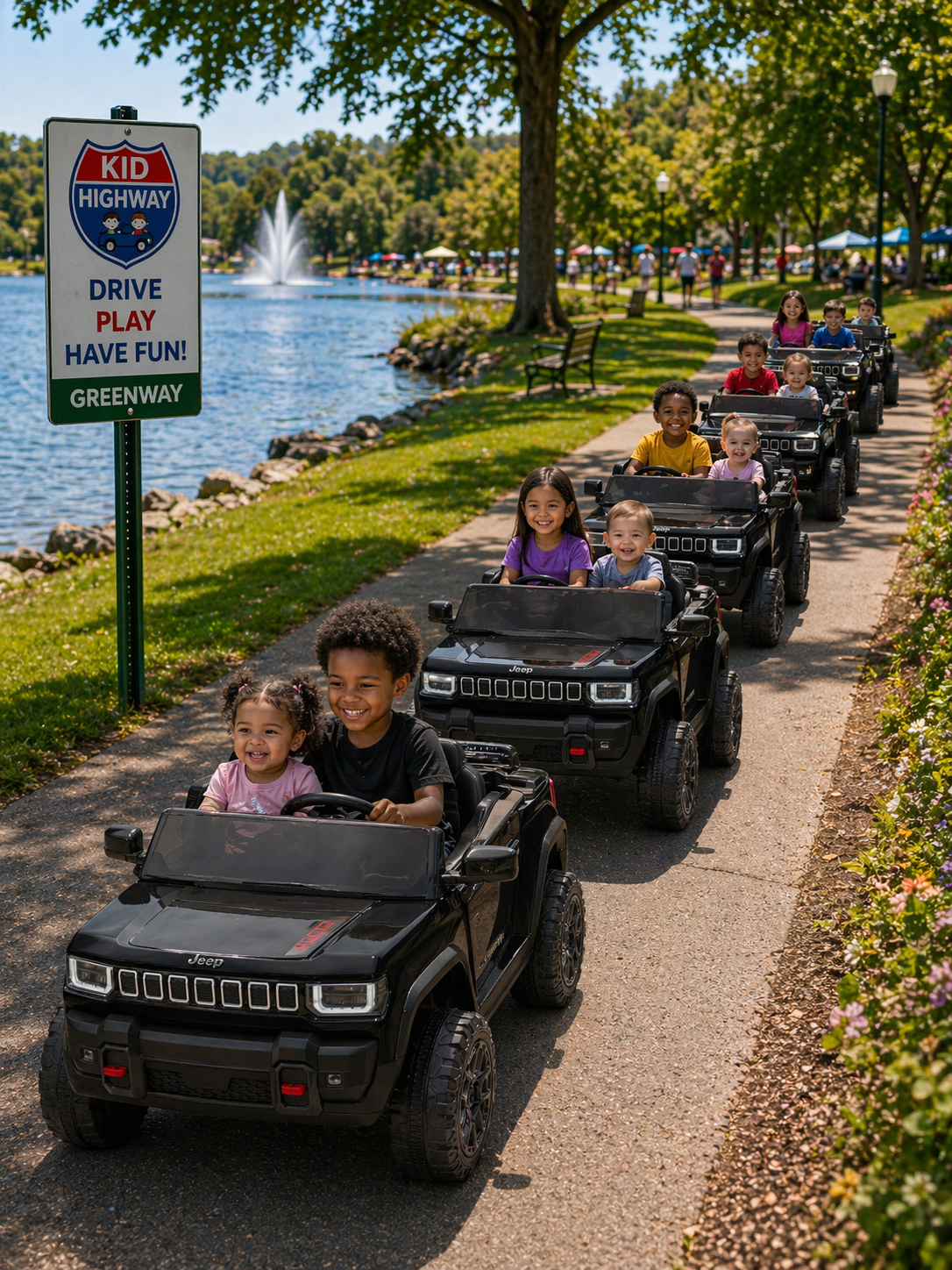 Children riding toy Jeeps along a park path