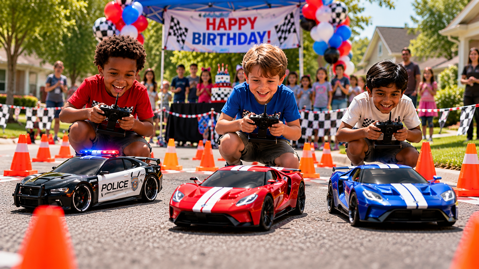 Three children, including a South Asian boy, racing remote-control sports cars and a police car through cones at a neighborhood birthday party